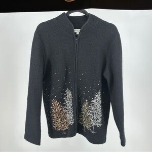 Women’s Large Coldwater Creek Black Wool Cardigan with Silver Bronze Tree Design